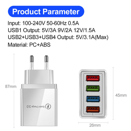 Cargador USB Quick Charge 3.0 4 Adaptador de teléfono para tableta Cargador de pared portátil Cargador rápido para móvil